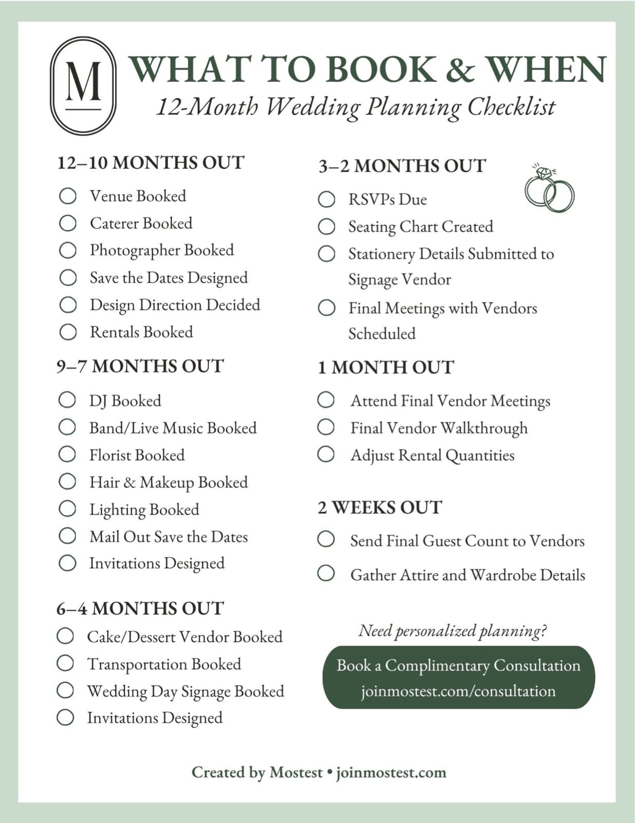 Preview of the free one-page Mostest 12-month wedding planning checklist: What to Book & When, with tasks grouped from 12–10 months out through 2 weeks out.